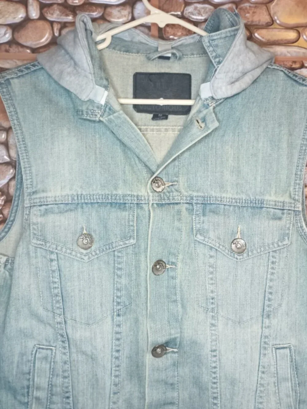 Sleeveless Denim Vest Detachable Hood Stone Wash Blue & Gray Size M Grunge - Picture 5 of 16